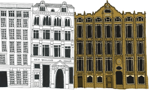 Illustration of Oriel Chambers and the two buildings next two it,