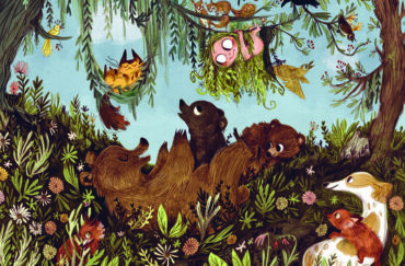 Illustration entitled ‘Because you cannot tame something so happily wild’ by Emily Hughes showing painted animals in a woodland setting