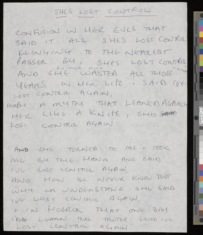 Handwritten lyrics to She's Lost Control, Ian Curtis, c1979, Courtesy of The University of Manchester