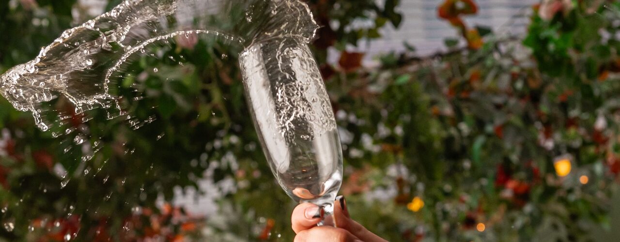 Champagne flute swirling in front of a Christmas tree.
