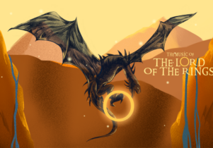 An illustration of a dragon. Text reads; The Music of The Lord of the Rings