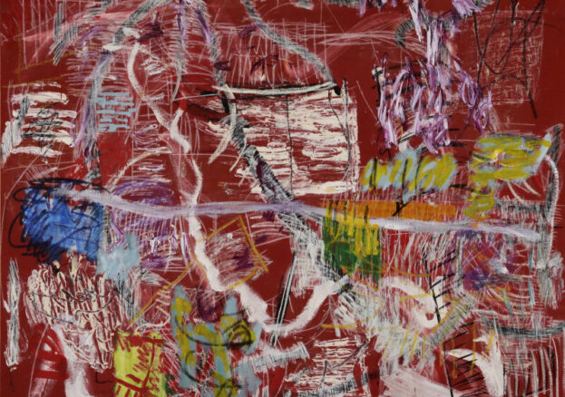An abstract painting with white and colourful marks on a red canvas