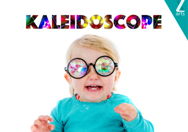 Kaleidoscope at Z-arts Image of baby wearing kaleidoscope glasses and the words 