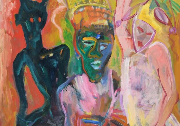 oil paining in a expressive style, three standing figues are the main focus with an owl flying above the central figure at the top of the image.