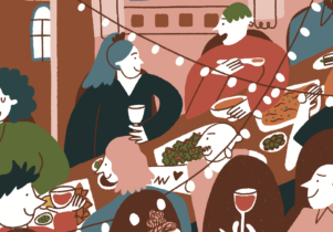 Illustration of people sitting at a table, eating, talking, smiling and sharing food. 