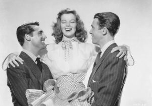 A promotional photograph for The Philadelphia Story featuring Cary Grant, Katharine Hepburn and James Stewart.