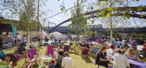 Outside Aviva Studios by the River Irwell