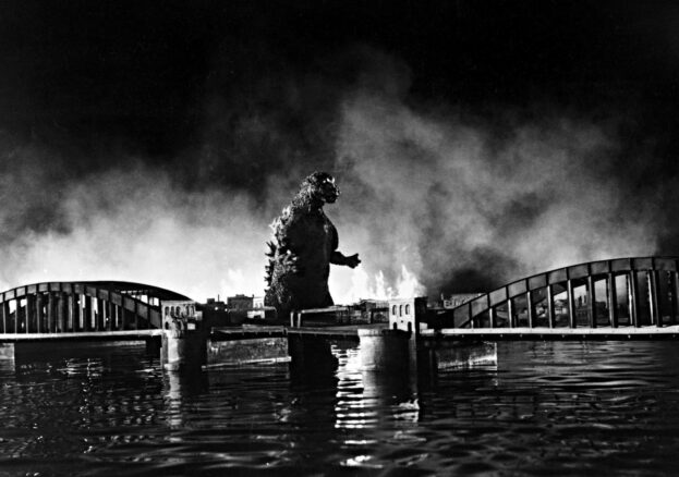 A still from the original Godzilla, showing the monster terrorising Tokyo.