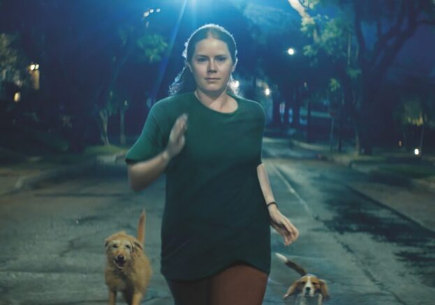 A woman runs in the dark, followed by a pack of dogs