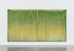 A painting of green and yellow curtains 