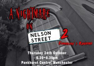 Poster with an image of 62 Nelson Street and text with the name, time and date of the event