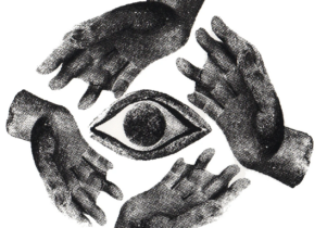 Black and white image of an eye surrounded by 4 hands