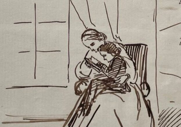 A sketch of a woman helping a child on her knee to read