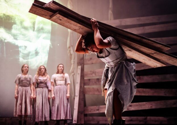 TESS at HOME: A woman holds four planks over her head, watched on by three women.