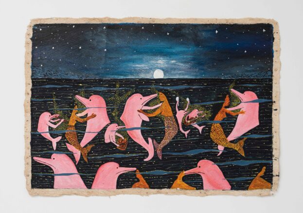 Colorful artwork showing dolphins and mermaids swimming together in a rich blue ocean.