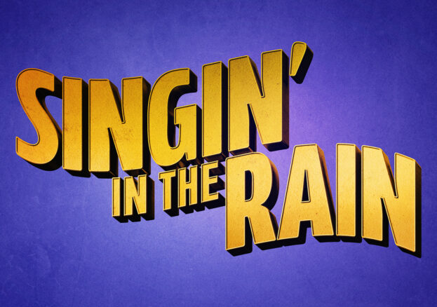 A title treatment for Singin' in the Rain which is yellow on a navy blue background