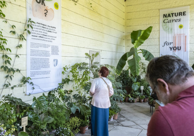 A person reading a poster on the wall and surrounded by lots of plants and greenery. Another person is sat reading some leaflets. 
