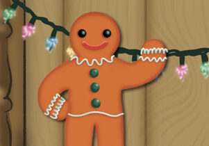 the Gingerbread man stood on a dresser waving
