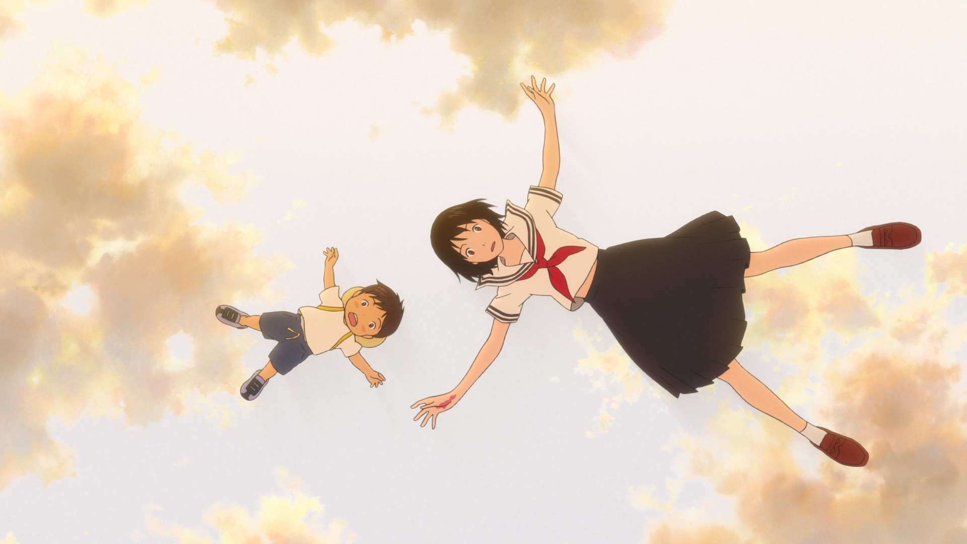 A girl and a young boy people fall down from the sky.
