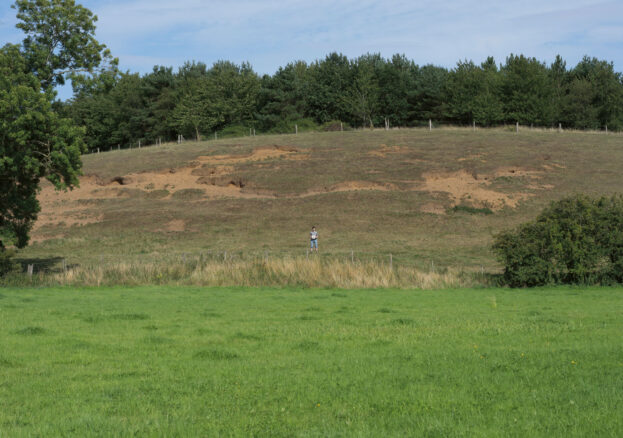 A view across a field with a hill in the background. A person stands in the distance.