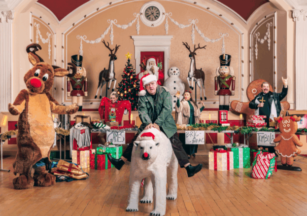 Person with Santa hat sitting on polar bear on center foreground, with chaotic Christmas decorations in the background
