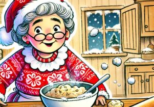 An illustration of an older woman with white curly hair and a Christmas outfit, with a mixing bowl and baked cookies