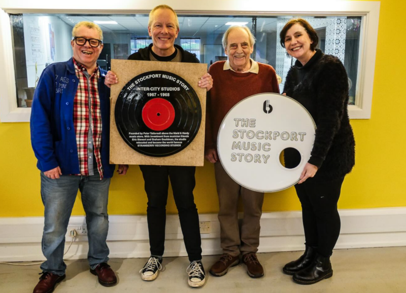 John Barratt, Peter Wadsworth, Peter Tattersall and Rosemary Barratt inside Strawberry Studios