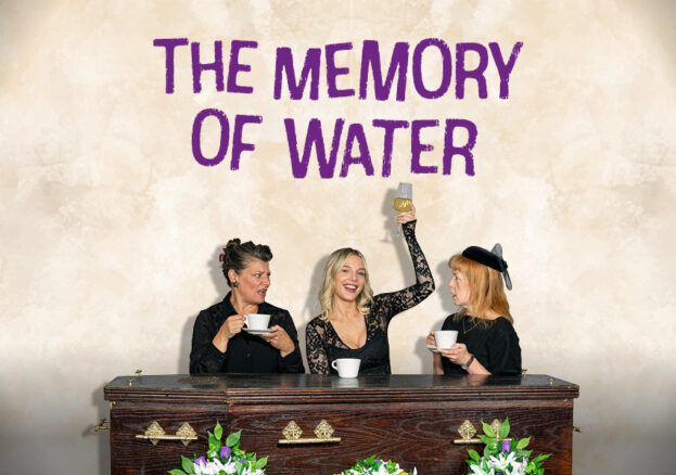 Text reads The Memory of Water. A image of three women in black sitting by a coffin, two with cups of tea, one in the middle raising a wineglass 