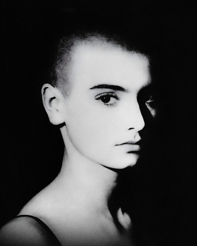 Black and white photograph of Sinéad O'Connor