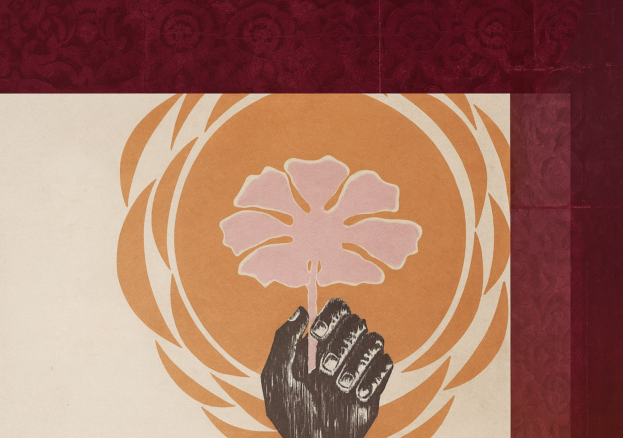 An illustration of a hand holding a flower, backed by an orange pattern.