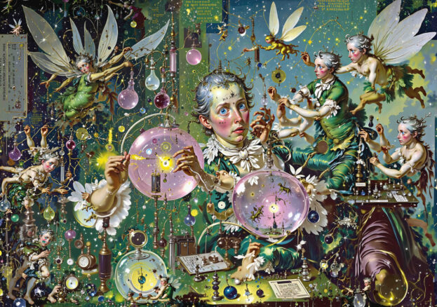 A busy image created using generative AI. The image depicts a man at the centre with grey hair and rosy cheeks, surrounding him are fairies that appear to be created in his own image with multiple limbs and unique bodily proportions. Around them are hundreds of vials, microscopes and dated scientific equipment. 