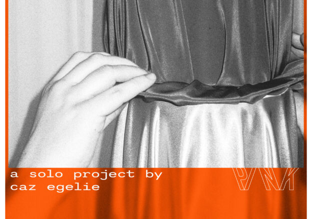 Promotional poster for My Hat and My Other Hat by Caz Egelie. A black-and-white photograph shows hands adjusting a draped fabric hat against a curtain backdrop. Bold orange and silver graphic bands frame the image, with exhibition details and large blue text displaying the title. The exhibition runs 13 March to 19 April at PINK, Hilton House, Stockport.
