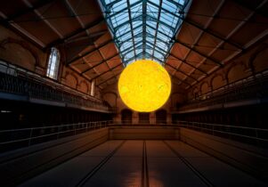 Large Sun sculpture suspended over an Edwardian swimming pool