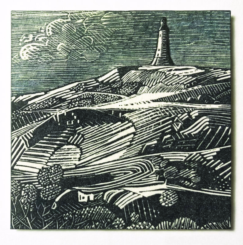 Anne Desmet RA - On Hoad Hill. Unique Wood Engraving & Coloured Pencil