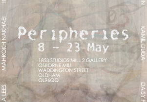Layered artworks from 8 Artists exhibiting in the show to create a warm soft pink, grey, brown, purple abstract image. Information on the image is the title of the show 'Peripheries' Names of the Artists Exhibiting 'Rabia Begum, Thomas Bradley, Rio Darwin, Kamil Duda, Daisy Fulton, Gemma Lees, Mahrokh Nakhaei, Iqra Tariq' The location the exhibition takes place '1853 Studios, Mill 2 Gallery, Osborne Mill, Waddington Street, Oldham, OL96QQ'