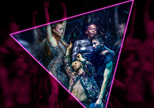 The cast of It's a Sin dance in a club like setting in bright glittery clothes.