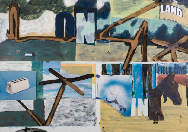 Abstract Mixed Media painting, with a mix of blue and brown colours and text