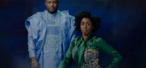 Nwando Ebizie and Sidiki Dembélé wear jewel-toned clothes against a midnight blue backdrop.