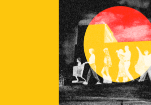 Collaged image of silhouette figures projected onto a building. A red and yellow circle highlights the people.